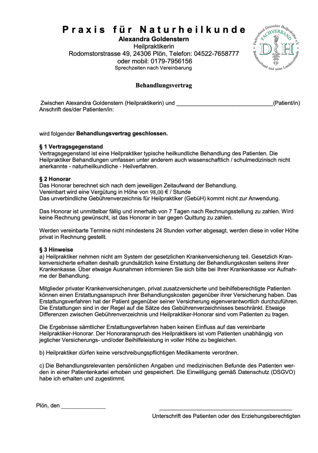 Behandlungsverträge - Heilpraktikerin in Plön - Alexandra Goldenstern